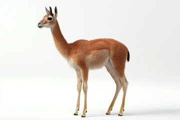 Obraz premium A graceful vicuna stands poised on a plain white background, showcasing its soft fur and slender form in a studio setting.