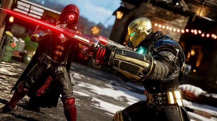 Fototapeta premium Futuristic Sci Fi Combat Scene Two Armored Figures Engage in Intense Laser Weapon Battle