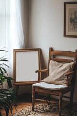 A warm, inviting corner featuring a vintage wooden chair, blank picture frame, and soft textiles in a sunlit room.