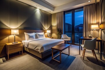 Modern Hotel Room Night Photography: Single Bed, Table & Chairs