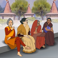 Four women in traditional attire sit together conversing, surrounded by a serene setting with trees and temple structures in the background.