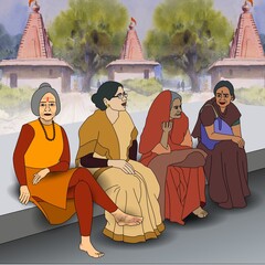 Four women seated on a bench are engaged in conversation against a backdrop of temples and trees. Each woman wears traditional Indian attire, showcasing cultural diversity and serenity.