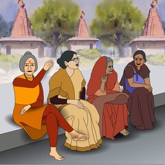 A group of four women, dressed in traditional attire, sit together engaged in conversation against the backdrop of temple structures and lush greenery. 