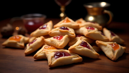 Traditional purim feast dishes with assorted hamantaschen cookies for festive celebration