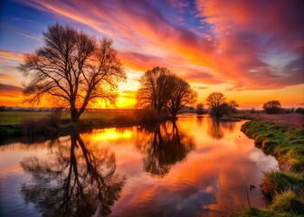 Obraz premium Silhouette of Trees at Sunset over River Test, Kings Somborne, Hampshire