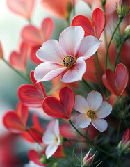 Fototapeta premium Heartfelt Blooms: Delicate white flowers bloom amidst a sea of heart-shaped red petals, creating a captivating display of love and affection. The soft light illuminates the scene.
