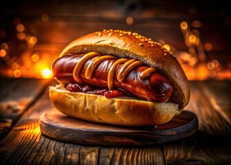 Nighttime Street Food: Savory Boiled Sausage in a Bun on Rustic Wood