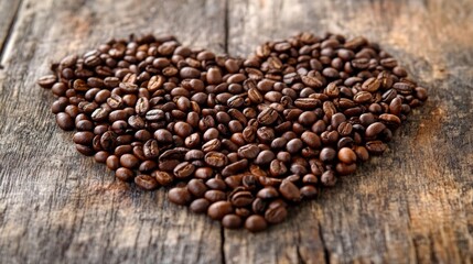 Heart-Shaped Arrangement of Roasted Coffee Beans on Rustic Wooden Surface