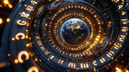Fototapeta premium Futuristic Sci Fi Tunnel Rotating Around Earth with Glowing Symbols and Numbers