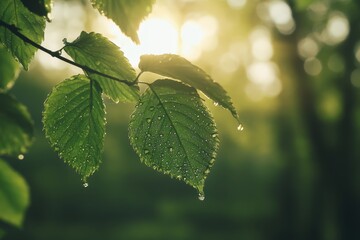 Close-up of green leaves with dew drops in sunlight, showcasing nature's beauty and freshness in a serene forest environment.