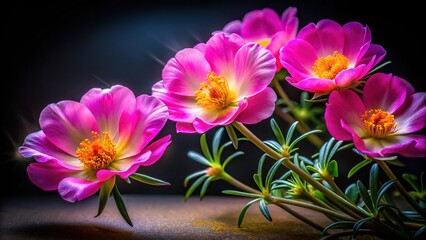 Pink Portulaca Grandiflora Flowers Long Exposure Dark Background Stock Photo