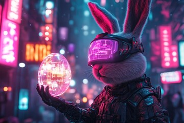Naklejka premium Futuristic rabbit in neon city holds glowing egg, blending tradi