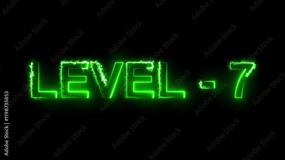 Poster level seven text font with neon light.level up neon sign.rainbow color letters spelling out level up