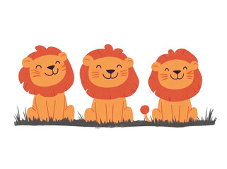Obraz premium Cute smiling cartoon lions sitting on grass, showcasing their playful expressions and vibrant colors. Perfect for children illustrations or playful designs