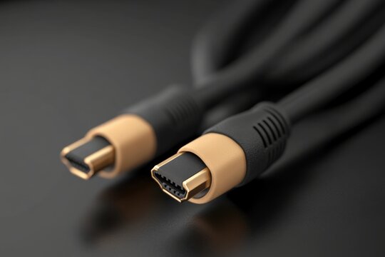 close up of two black and gold firewire cables on a dark background