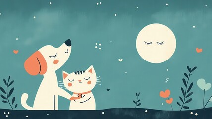 A whimsical Valentine's card-style illustration of a dog serenading a cat under a moonlit sky