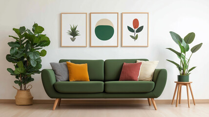 A cozy living space featuring a green sofa, colorful cushions, potted plants, and minimalist wall art.