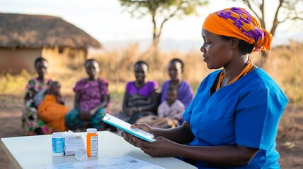 A healthcare worker provides medical guidance to a group in a rural setting.