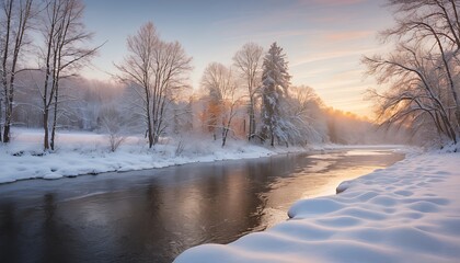 Serene winter landscape with a peaceful river surrounded by snow-covered trees at sunrise. a tranquil and picturesque scene perfect for seasonal and nature-themed projects