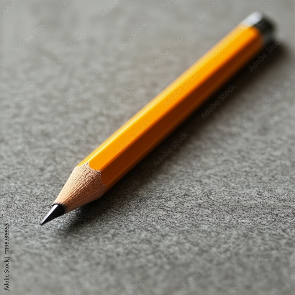 Poster detailed image of a yellow pencil with a sharp graphite tip on a textured gray background, ideal for