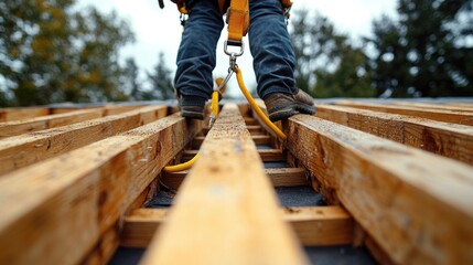 Worker on a roof using safety harness, wooden beams visible, cloudy sky in the background