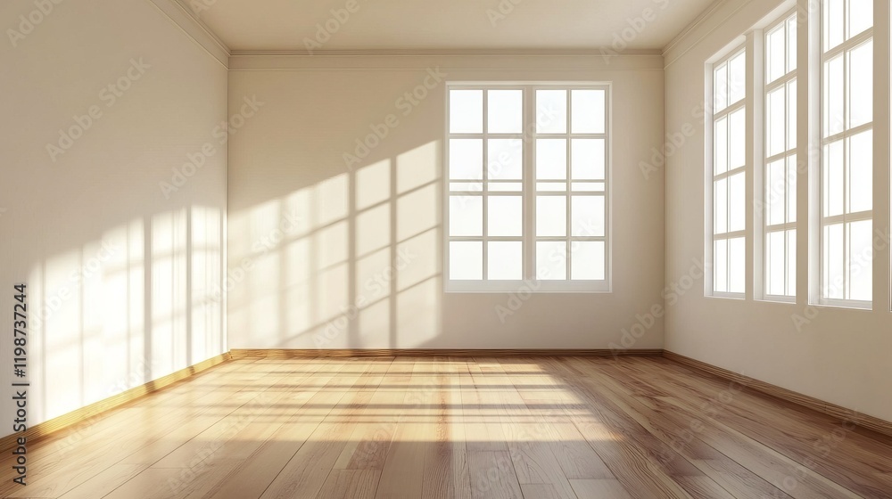 Poster a bright and spacious empty room featuring large windows that fill the space with natural sunlight. 