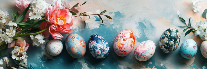 Happy Easter vibrant spring banner background. Colorful Easter eggs and spring flowers. Flat lay, top view, copy space.