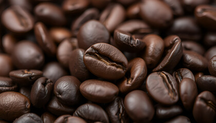 Fototapeta premium Close-up of roasted coffee beans with rich brown tones, showcasing their texture, aroma, and essence of fresh espresso