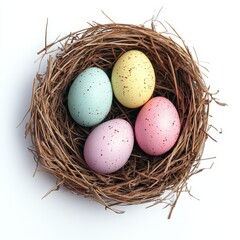 Fototapeta premium A nest of eggs with three different colors, one of which is yellow. The nest is made of twigs and straw