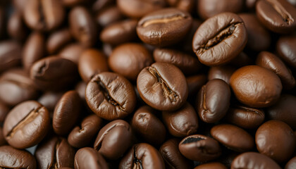 Fototapeta premium Close-up of roasted coffee beans with rich brown tones, showcasing their texture, aroma, and essence of fresh espresso