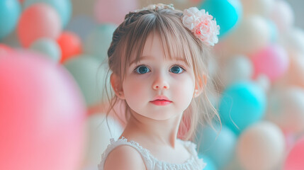 Fototapeta premium Little girl with enchanting blue eyes standing among colorful balloons in a festive setting