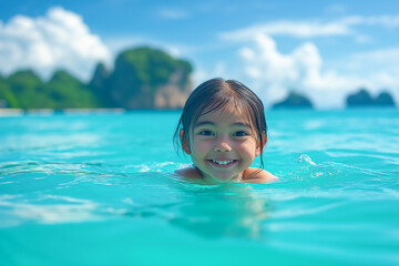 Young girl enjoying a refreshing swim in beautiful turquoise tropical water with scenic islands in the distance