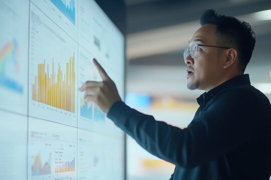 Professional Analyst Engaging with Data Visualization on Interactive Display Screen in Modern Office Environment, Fostering Insights and Decision Making Through Analysis