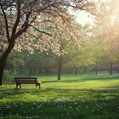 A tranquil park scene with a wooden bench under blossoming trees, bathed in soft morning sunlight.