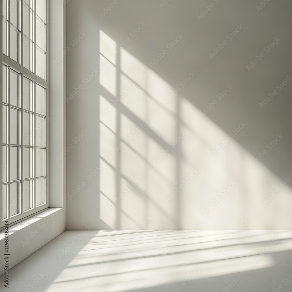 Poster bright minimalist room with sunlight streaming through large windows, creating geometric shadows on 