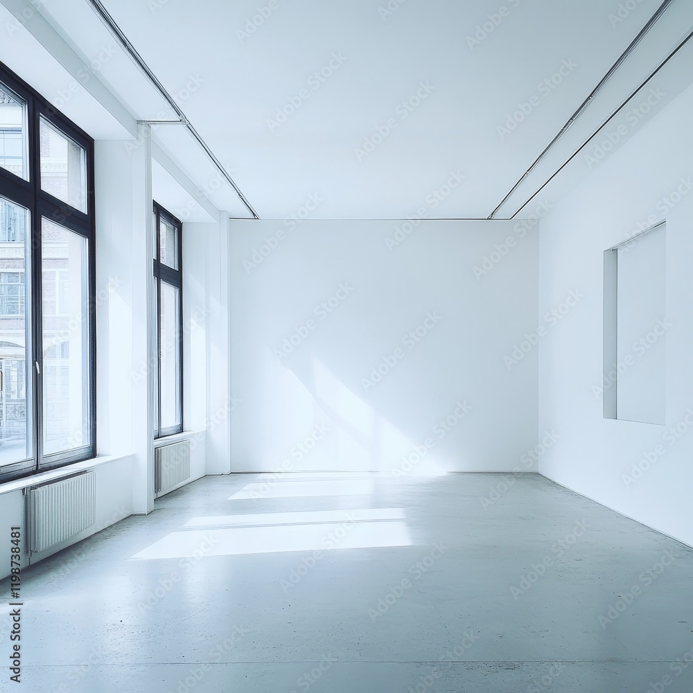 Poster a tranquil and bright empty gallery corner featuring white walls and large windows. soft natural lig