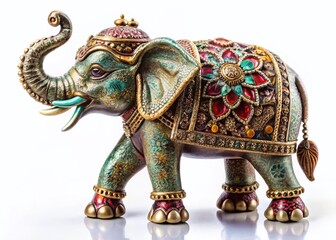 Small Asian Elephant Metal Sculpture, Indian Decor, Detailed Ornament, White Background, Shadow Reflection