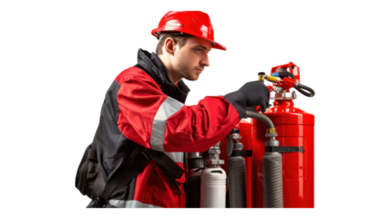 Professional Security Guard Conducting Routine Inspection of Fire Safety Equipment in an Office Building Environment