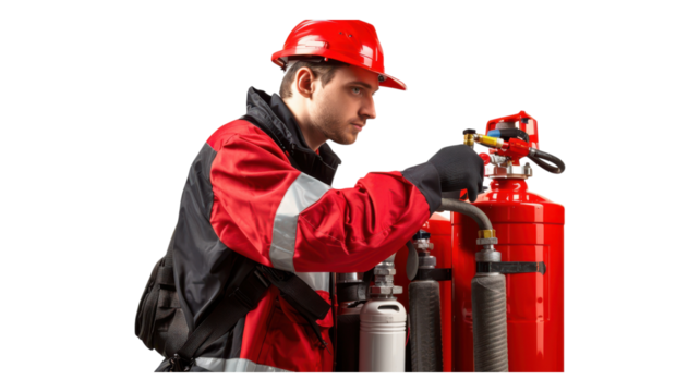 Professional Security Guard Conducting Routine Inspection of Fire Safety Equipment in an Office Building Environment