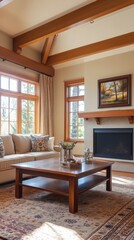 Fototapeta premium A living room with a fireplace and a couch. A coffee table is in the middle of the room