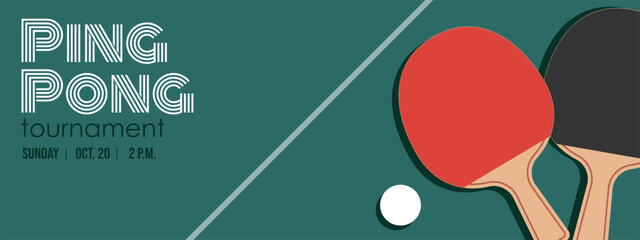 Ping Pong tournament design template. Table tennis background. poster design, sports invitation. Ball, table tennis bat, gambling table. Copy space. Vector cover.