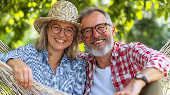 Portrait of smiling retired couple enjoying leisure time in hammock, embracing happy moments together