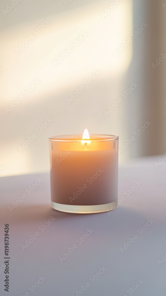 Poster a minimalist candle casting soft shadows on a sunlit surface, creating a warm and tranquil ambiance.