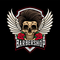 Vintage Barbershop Skull Head with red roses element Logotype Badge Vector Illustration