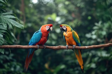 Fototapeta premium Colorful macaws interact on a branch in a lush tropical setting under soft natural light during the day