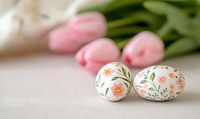 Easter eggs decorated with pink tulips, Generative AI