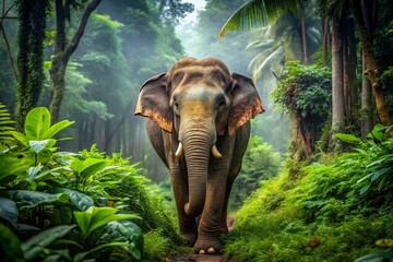 Fototapeta premium Solitary Asian Elephant in Lush Forest Habitat - Documentary Style