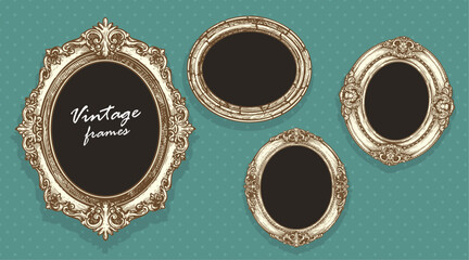 Vintage hand drawn sketch golden oval picture frames on dotted wall background. Empty photo design template. Vector illustration.