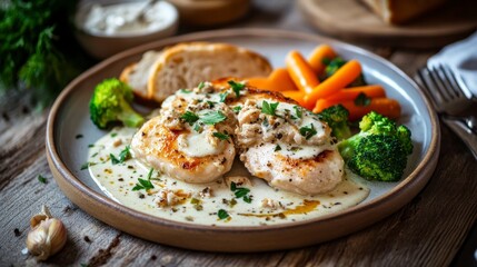 A delicious plate of garlic butter chicken with creamy sauce served on a rustic wooden table. 