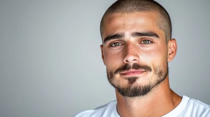 Portrait of a young man with a shaved head and beard showing a confident expression against a simple background